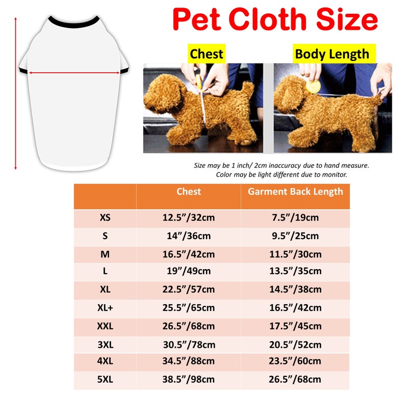 Puede incluir: Una tabla de tallas para ropa de mascotas, que muestra las medidas en pulgadas y cent&iacute;metros para el pecho y la longitud de la espalda. La tabla incluye las tallas XS a 5XL.