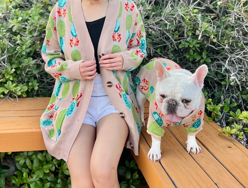 Matching Pet Owner Set, Cat Dog Parent Twinning Set, Boho Cactus Succulent Plants Cardigan Sweater for Small Medium Big Dog image 7