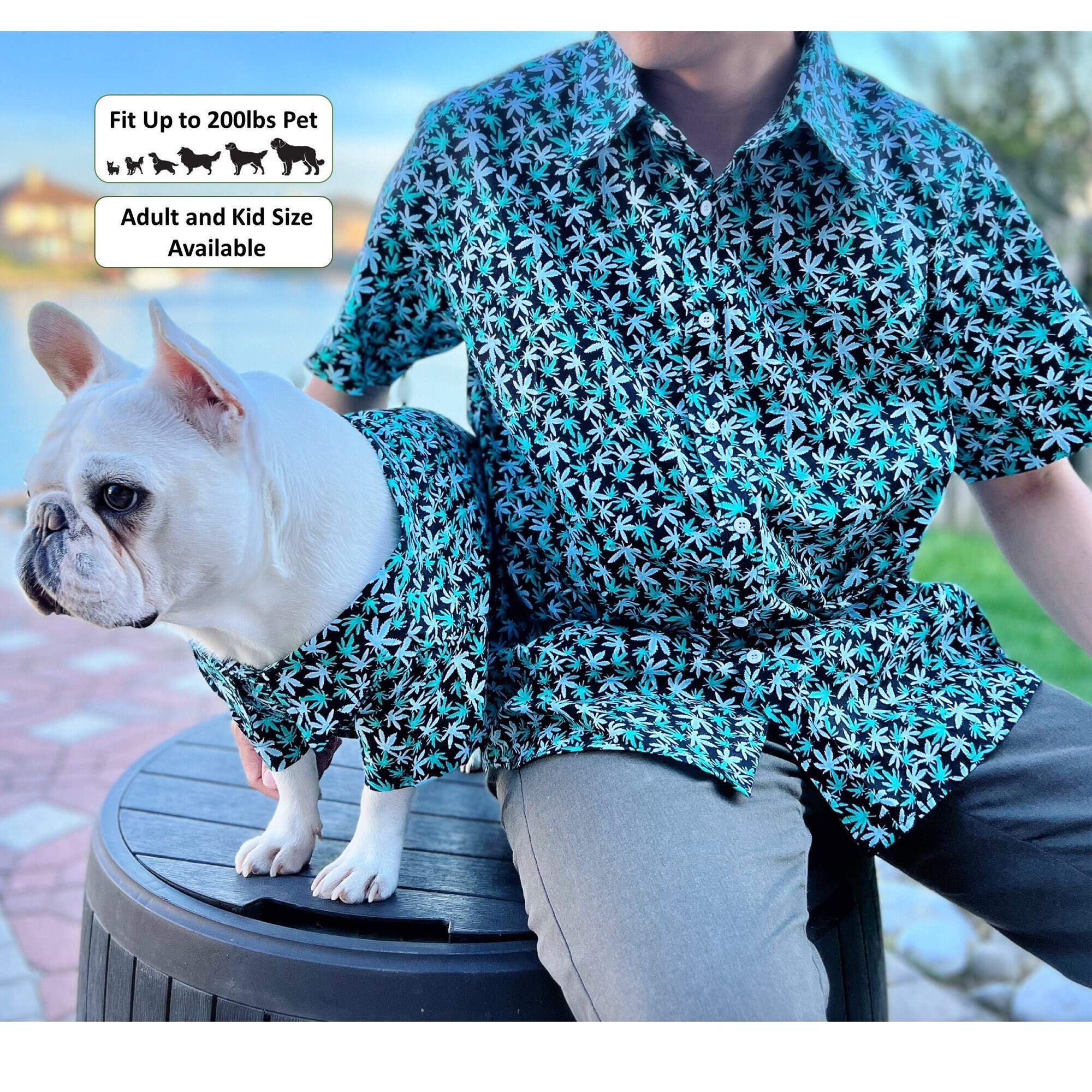 Dog Cat Pet and Owner Button Shirt Matching Set, 420 Day Mable Leaf Fabric Cannabis Shape Design Family Matching Bachelor Party Shirts