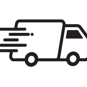 May include: A black and white line drawing of a delivery truck speeding to the right. The truck has a boxy body and a small cab with a single window. The truck is on wheels and has a speed line effect behind it.