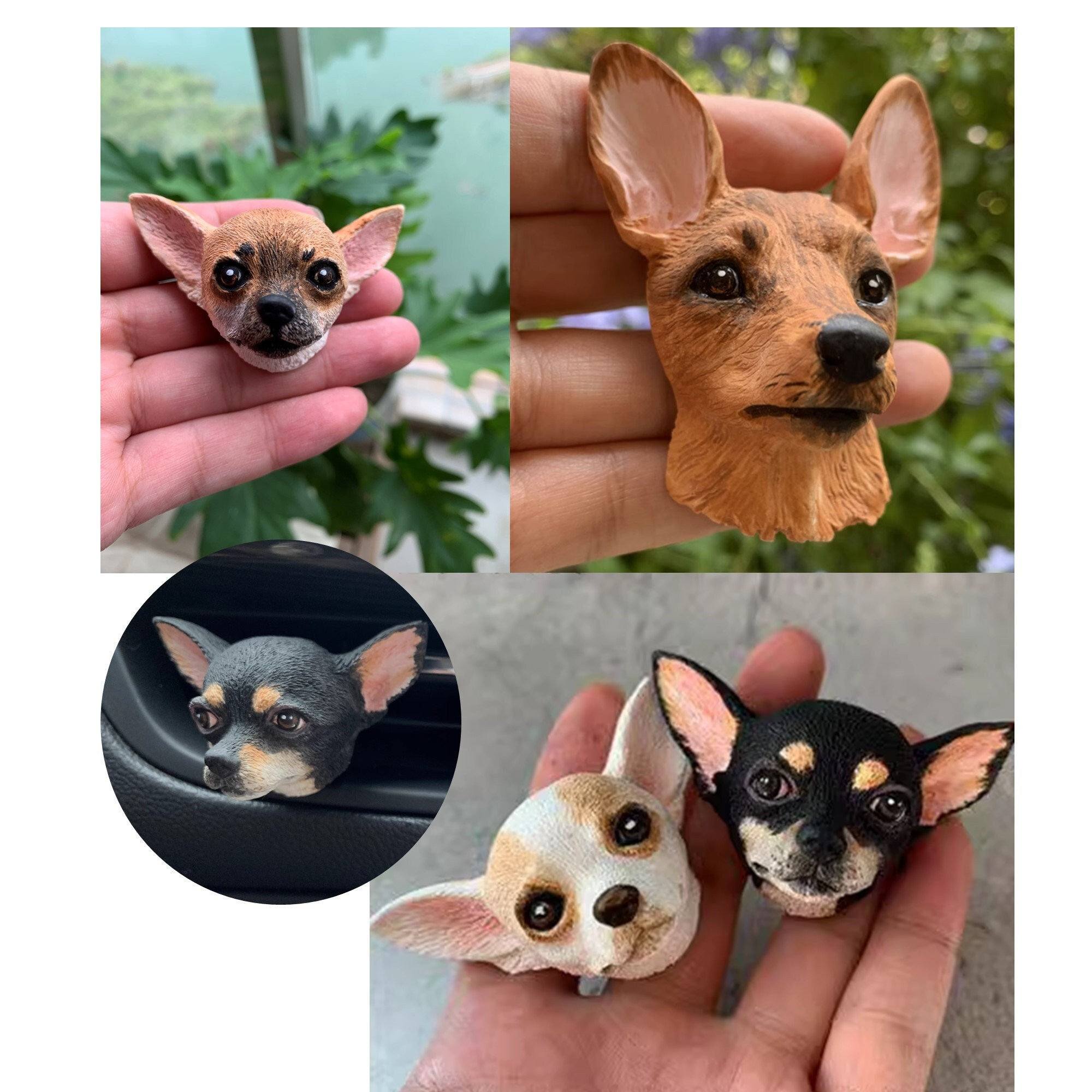 Chihuahua Miniature Pinscher Realistic 3D Sculpture Portrait, Car AC Vent Clip Aromatherapy Magnet Plaster,Ornament Hand Painted Gift