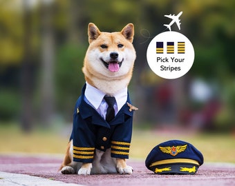 Custom Made Dog Cat Pet Pilot Captain Aviator Uniform Blazer Coat and Cap with Golden Badge Wings Costume Theme