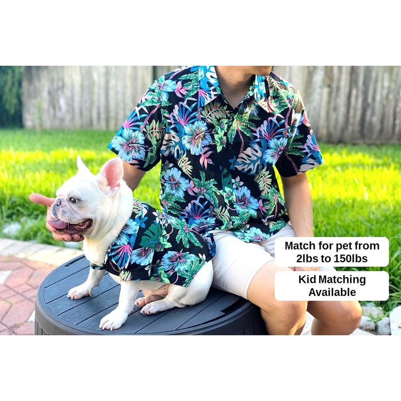 Matching Pet Dog Cat Owner Set, Dark Black Neon Summer Tropical Print, Family Card Idea Beach Vibes Twinning Button Shirts image 1