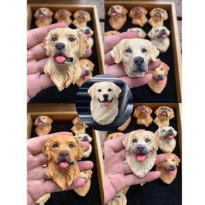 Puede incluir: Una colección de figuritas de perros golden retriever. Las figuritas están hechas de resina marrón claro y tienen detalles realistas, incluyendo el pelo, los ojos y la nariz. Las figuritas están dispuestas en una variedad de poses, algunas sentadas, algunas de pie y algunas tumbadas.