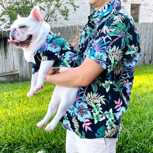 Matching Pet Dog Cat Owner Set, Dark Black Neon Summer Tropical Print, Family Card Idea Beach Vibes Twinning Button Shirts image 6