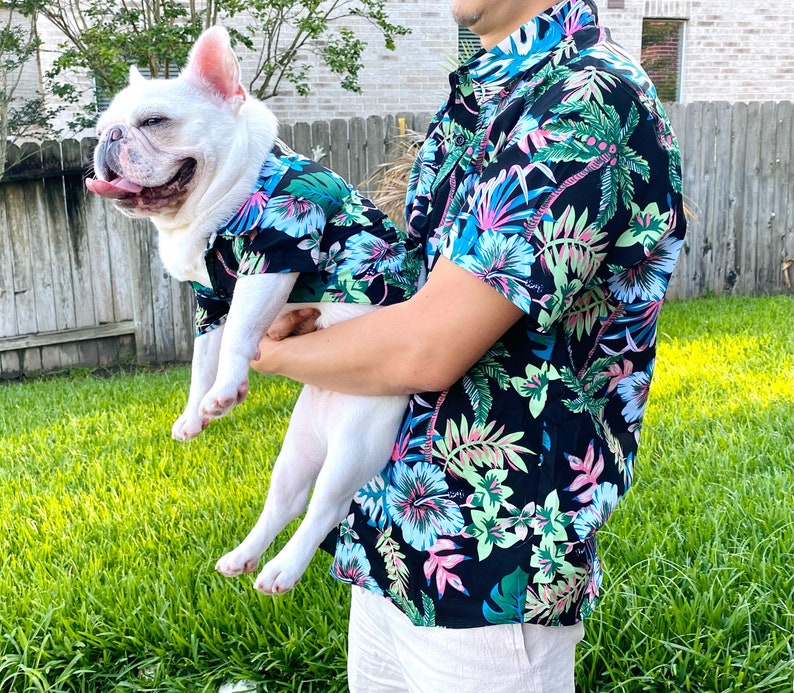Matching Pet Dog Cat Owner Set, Dark Black Neon Summer Tropical Print, Family Card Idea Beach Vibes Twinning Button Shirts image 6