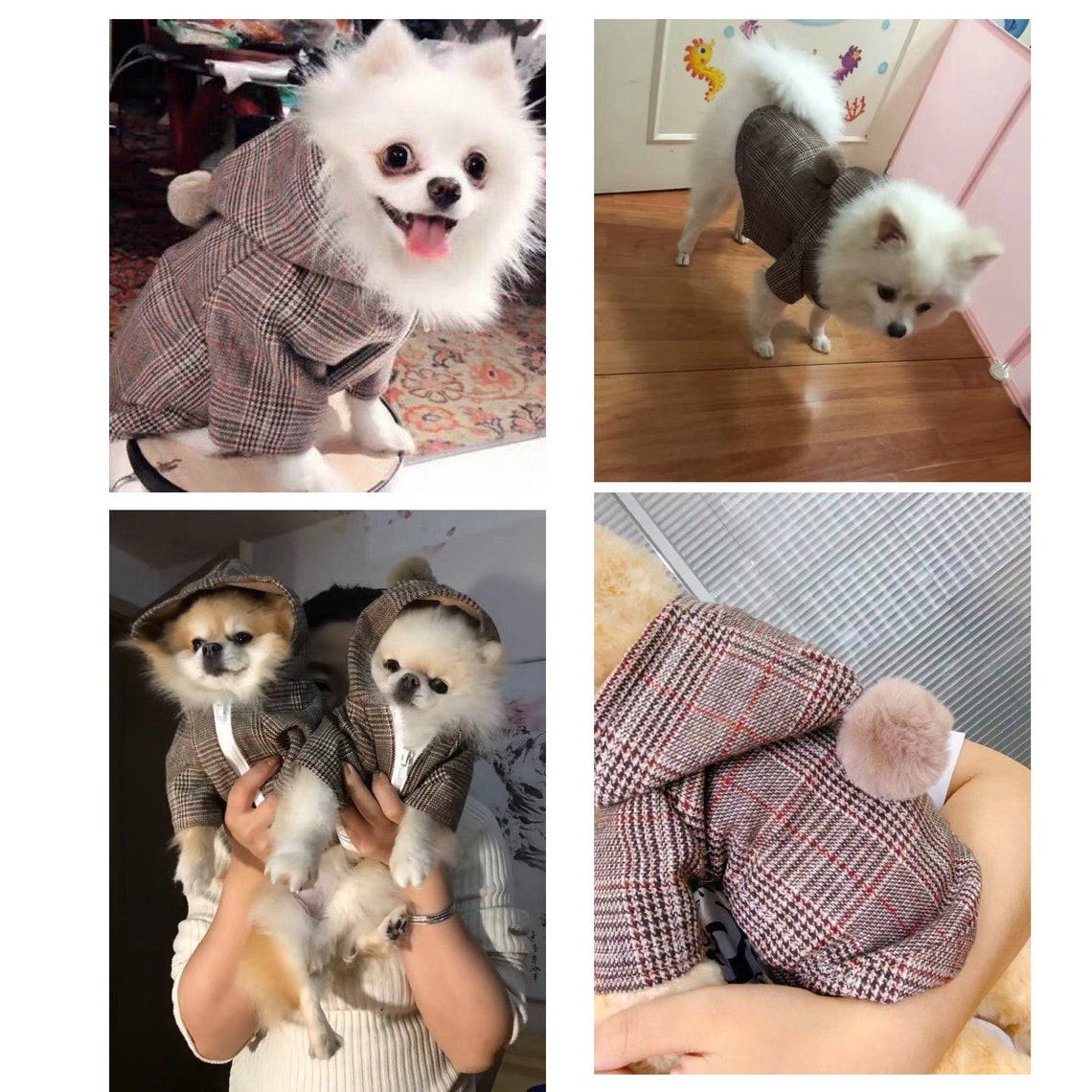 Dog Cat Apparel Zip Plaid Trench Coat Faux Fur Pompom ...