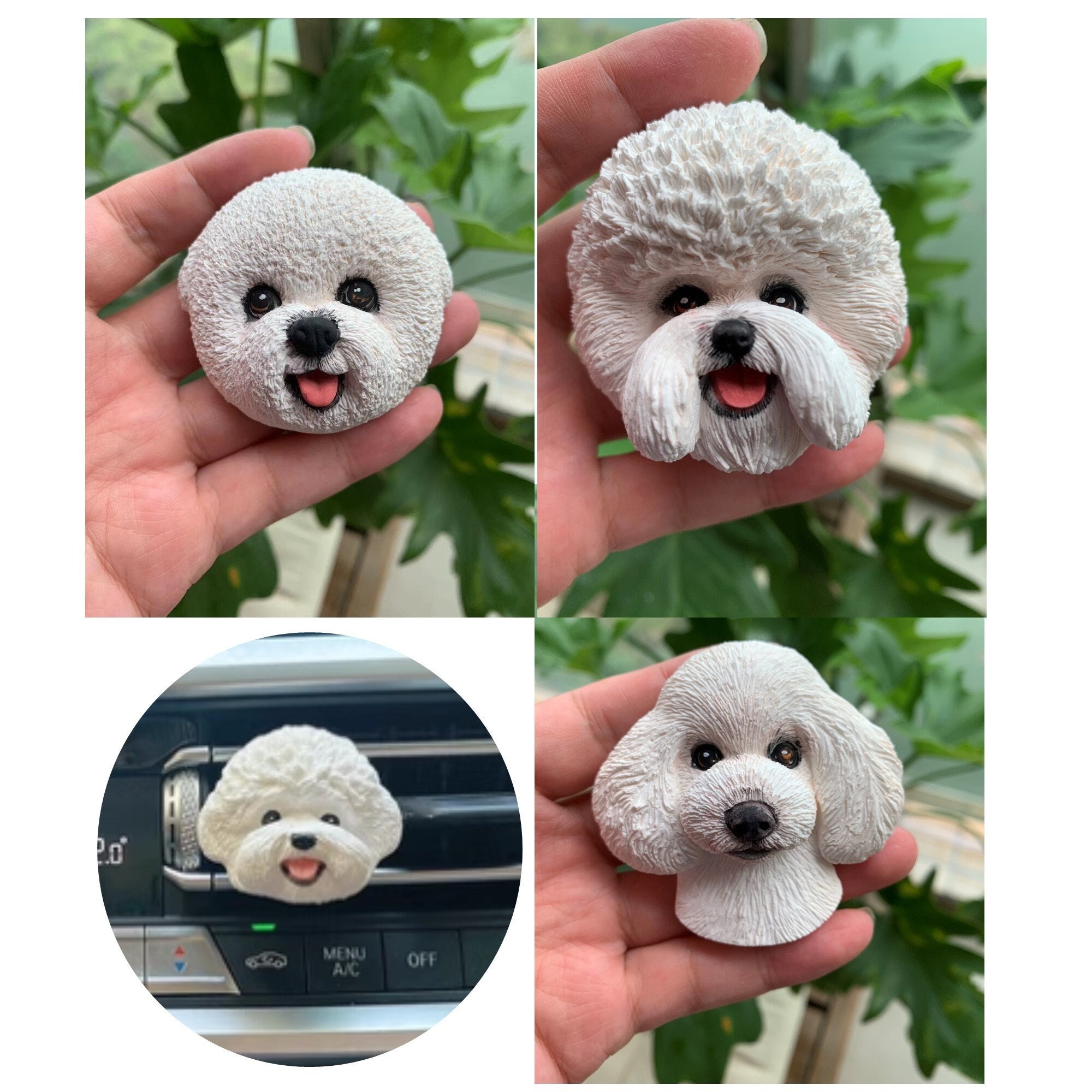 Bichon Frise Maltese Realistic 3D Sculpture Portrait, Car AC Vent Clip Aromatherapy Magnet Plaster, Hand Painted Memory Gift