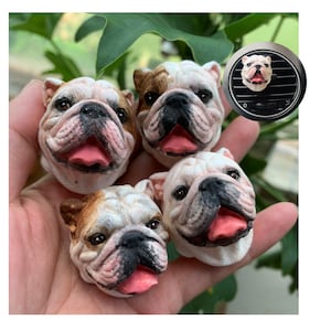 Portrait réaliste de sculpture 3D de bouledogue anglais, diffuseur de plâtre de pierre d&#39;aromathérapie de clip de ventilation de climatisation de voiture, cadeau peint à la main d&#39;ornement d&#39;animal familier