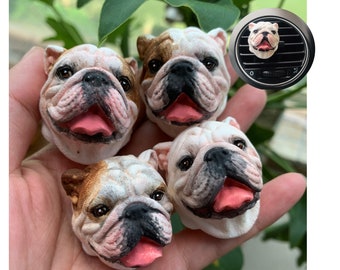 English Bulldog Realistic 3D Sculpture Portrait, Car AC Vent Clip Aromatherapy Stone Plaster Diffuser,Pet Ornament Hand Painted Gift