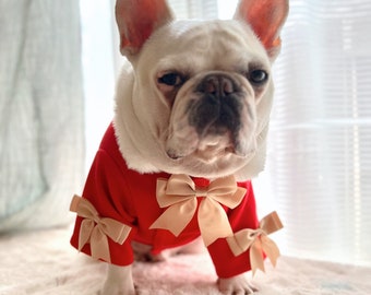 Dog Cat Pet Christmas Red Coat with White Fur Faux, Holidays Christmas Gifts Wrapping Costume, Gold Bow Ribbon Jacket