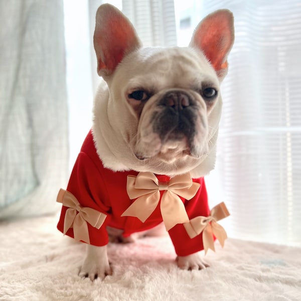Dog Cat Pet Christmas Red Coat with White Fur Faux, Holidays Christmas Gifts Wrapping Costume, Gold Bow Ribbon Jacket