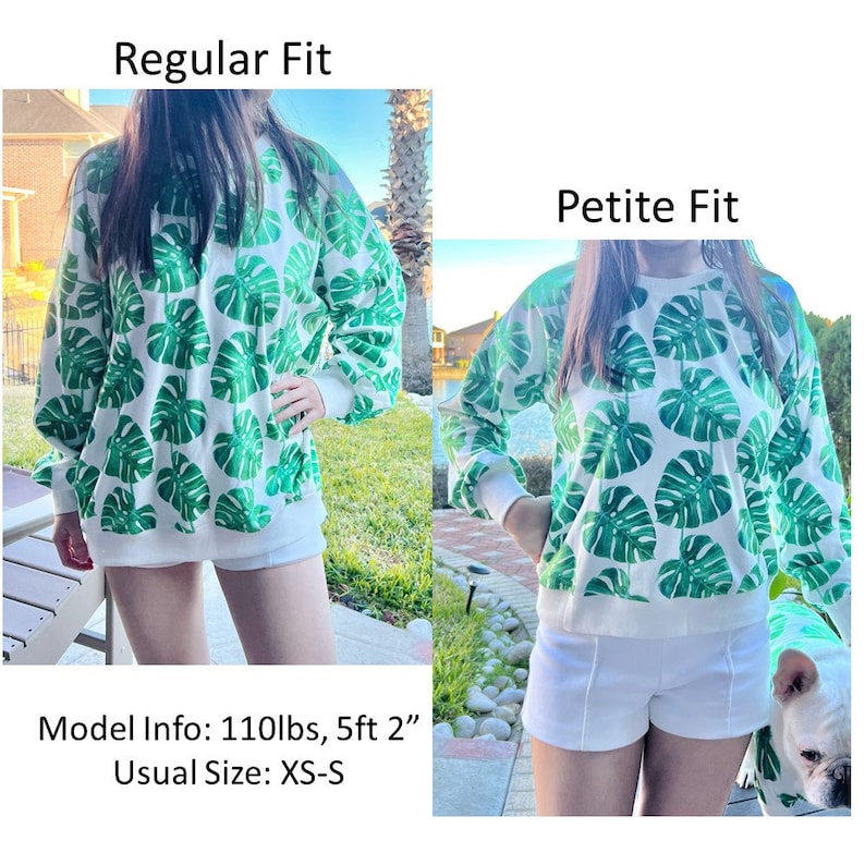 K&ouml;nnte beinhalten: Zwei Models tragen das gleiche wei&szlig;e Sweatshirt mit gr&uuml;nem tropischem Blattdruck. Das Model links tr&auml;gt eine regul&auml;re Passform und das Model rechts eine Petite-Passform. Beide Models tragen wei&szlig;e Shorts.
