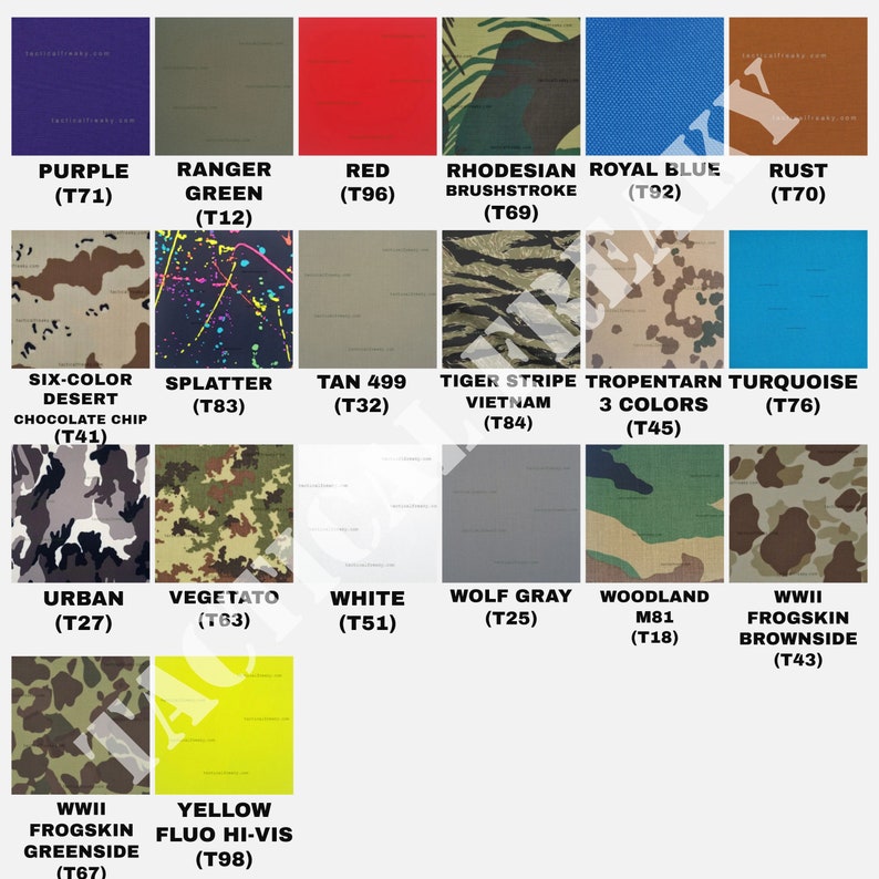 K&ouml;nnte beinhalten: Eine Tabelle mit verschiedenen Tarnmustern mit ihren Namen und Codes. Die Muster umfassen: Purple, Ranger Green, Red, Rhodesian Brushstroke, Royal Blue, Rust, Six-Color Desert Chocolate Chip, Splatter, Tan 499, Tiger Stripe Vietnam, Tropentarn 3 Colors, Turquoise, Urban, Vegetato, White, Wolf Grey, Woodland M81, WWII Frogskin Brownside, WWII Frogskin Greenside und Yellow Fluo Hi-Vis.