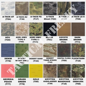 K&ouml;nnte beinhalten: Eine Tabelle mit verschiedenen Tarnmustern, darunter A-TACS AT, A-TACS AU, A-TACS FG, A-TACS Ghost, A-TACS IX, A-TACS LE-X, ACU, AOR1 NWU Typ II, AOR2 NWU Typ III, Schwarz, Coyote Braun, Dunkelbraun, Denim, W&uuml;stennacht (DNC), W&uuml;stensand, W&uuml;sten-Tigerstreifen, Digitale Flora, Flecktarn, Georgienpfirsich, Grasgr&uuml;n, Gold, Kryptek Highlander, Kryptek Mandrake und Kryptek Obscura.
