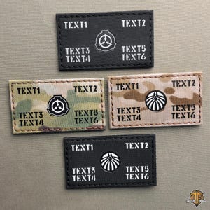 May include: Four rectangular patches with embroidered text and symbols. The patches are black, camouflage, and tan. Each patch has the text "TEXT1", "TEXT2", "TEXT3", "TEXT4", "TEXT5", and "TEXT6". The patches feature a symbol in the center.