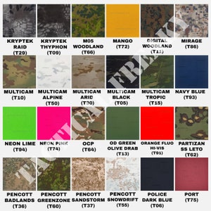 K&ouml;nnte beinhalten: Eine Tabelle mit verschiedenen Tarnmustern mit ihren Namen und Codes. Die Muster umfassen Kryptek Raid, Kryptek Thyphon, M05 Woodland, Mango, Digital Woodland, Mirage, Multicam, Multicam Alpine, Multicam Arid, Multicam Black, Multicam Tropic, Navy Blue, Neon Lime, Neon Pink, OCP, OD Green Olive Drab, Orange Fluo Hi-Vis, Partizan SS Leto, Pencott Badlands, Pencott Greenzone, Pencott Sandstorm, Pencott Snowdrift, Police Dark Blue und Port.