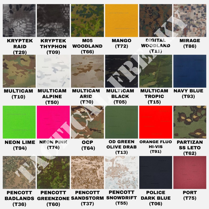 K&ouml;nnte beinhalten: Eine Tabelle mit verschiedenen Tarnmustern mit ihren Namen und Codes. Die Muster umfassen Kryptek Raid, Kryptek Thyphon, M05 Woodland, Mango, Digital Woodland, Mirage, Multicam, Multicam Alpine, Multicam Arid, Multicam Black, Multicam Tropic, Navy Blue, Neon Lime, Neon Pink, OCP, OD Green Olive Drab, Orange Fluo Hi-Vis, Partizan SS Leto, Pencott Badlands, Pencott Greenzone, Pencott Sandstorm, Pencott Snowdrift, Police Dark Blue und Port.