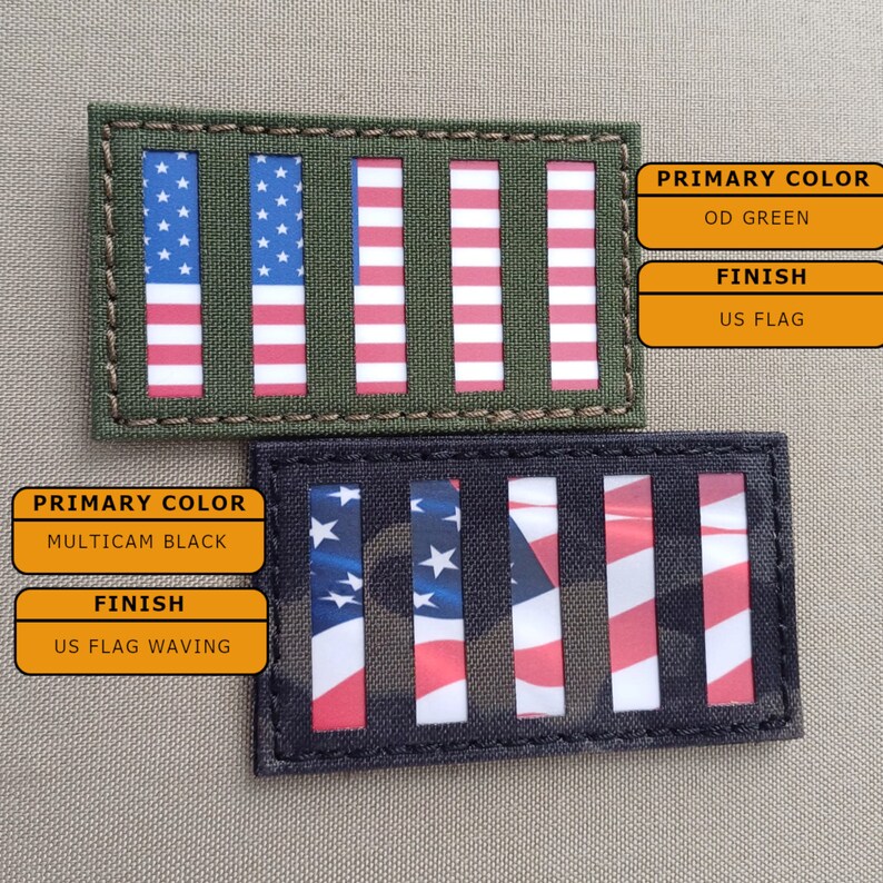 K&ouml;nnte beinhalten: Zwei US-Flaggen-Patches, einer in OD-Gr&uuml;n mit einem Standard-US-Flaggen-Design und der andere in Schwarz mit einem wellenden US-Flaggen-Design. Die Patches sind mit "Prim&auml;rfarbe" und "Finish" mit den entsprechenden Farben und Designs beschriftet.