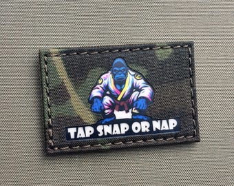 BJJ Gorilla Patch: Brazilian Jiu Jitsu Tap Snap or Nap - 2x3" Laser Cut