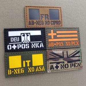 Alergias de tipo sanguíneo personalizáveis com patch de corte a laser de 2&quot; x 3,5&quot; com bandeira não americana