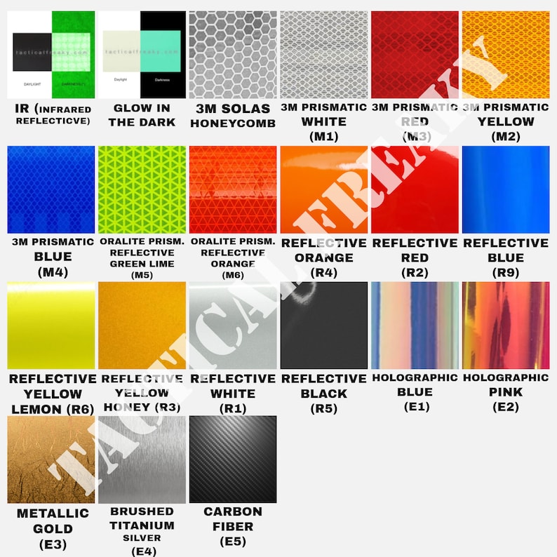 K&ouml;nnte beinhalten: Eine Tabelle mit verschiedenen Arten von reflektierendem Material, darunter Infrarot, Leuchtstoff im Dunkeln, 3M Solas Wabenstruktur, prismatisches Wei&szlig;, Rot, Gelb, Blau, Gr&uuml;n-Limette, Orange, reflektierendes Orange, Rot, Blau, Zitronengelb, Honiggelb, Wei&szlig;, Schwarz, holografisches Blau und holografisches Pink. Die Tabelle enth&auml;lt auch Metallic-Gold, geb&uuml;rstetes Titan-Silber und Kohlefaser.