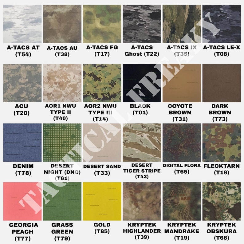 May include: A chart of different camouflage patterns, including A-TACS AT, A-TACS AU, A-TACS FG, A-TACS Ghost, A-TACS IX, A-TACS LE-X, ACU, AOR1 NWU Type II, AOR2 NWU Type III, Black, Coyote Brown, Dark Brown, Denim, Desert Night (DNC), Desert Sand, Desert Tiger Stripe, Digital Flora, Flecktarn, Georgia Peach, Grass Green, Gold, Kryptek Highlander, Kryptek Mandrake, and Kryptek Obscura.