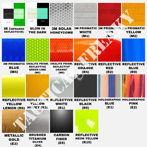 K&ouml;nnte beinhalten: Eine Farbkarte mit verschiedenen reflektierenden und metallischen Vinylmaterialien. Farben sind Wei&szlig;, Schwarz, Blau, Rot, Gelb, Orange und Pink, mit Oberfl&auml;chen wie Waben, Kohlefaser und holografisch. Textbeschriftungen identifizieren jede Farbe und Materialart.