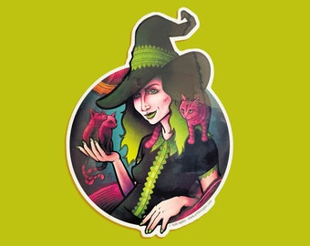 Witchy Woman Sticker, Witch Sticker, Green Witch Sticker, Badass Witch Vinyl Waterproof Sticker, Magenta Cat Sticker, Witch Familiar Decal