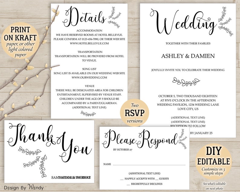 Simple Wedding Invitation Template Editable Pdf Rustic Invite Etsy