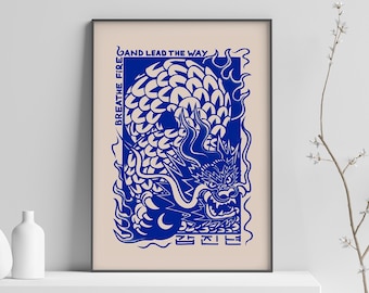 Dragon Design Poster, Lunar New Year Print, Chinese Zodiac Art, Astrology Print, Home Gallery Wall Art, Blue Dragon Art, Oriental Decor Gift