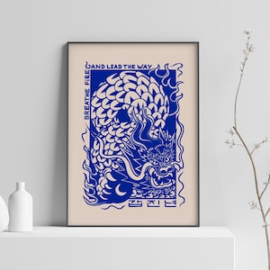 Póster con diseño de dragón, impresión del Año Nuevo Lunar, arte del zodíaco chino, impresión astrológica, arte mural para galería del hogar, arte del dragón azul, regalo de decoración oriental
