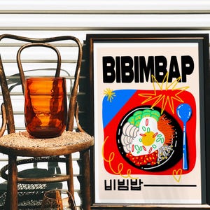 Bibimbap Kunstdruck, koreanisches Essen Poster, Essen Wandkunst Druck, Seoul Food Art, Küche Wanddekoration, Typografie Retro Poster, Einweihungsgeschenk