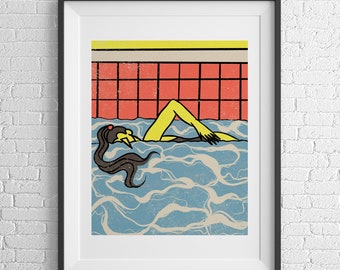 Swimming Lady Print, Summer Art Poster, Modern Home Decor, Happy Print, Colourful Wall Art, Original Giclee Print, Design Art Poster