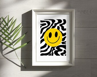 Funny Smiley Print, Rave Club Poster, Retro Design Art Print, Smiley Face Home Art Decor, Art Gifts, Gallery Wall Art, Trendy Graphic Decor