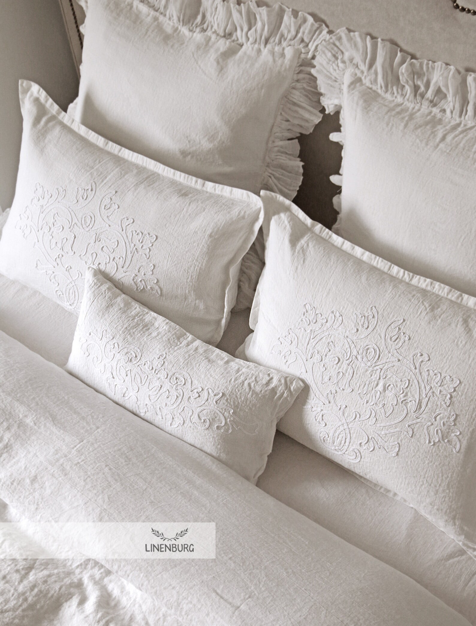 White Linen Embroidered Bedding Set Ruffled Linen Bedding Etsy
