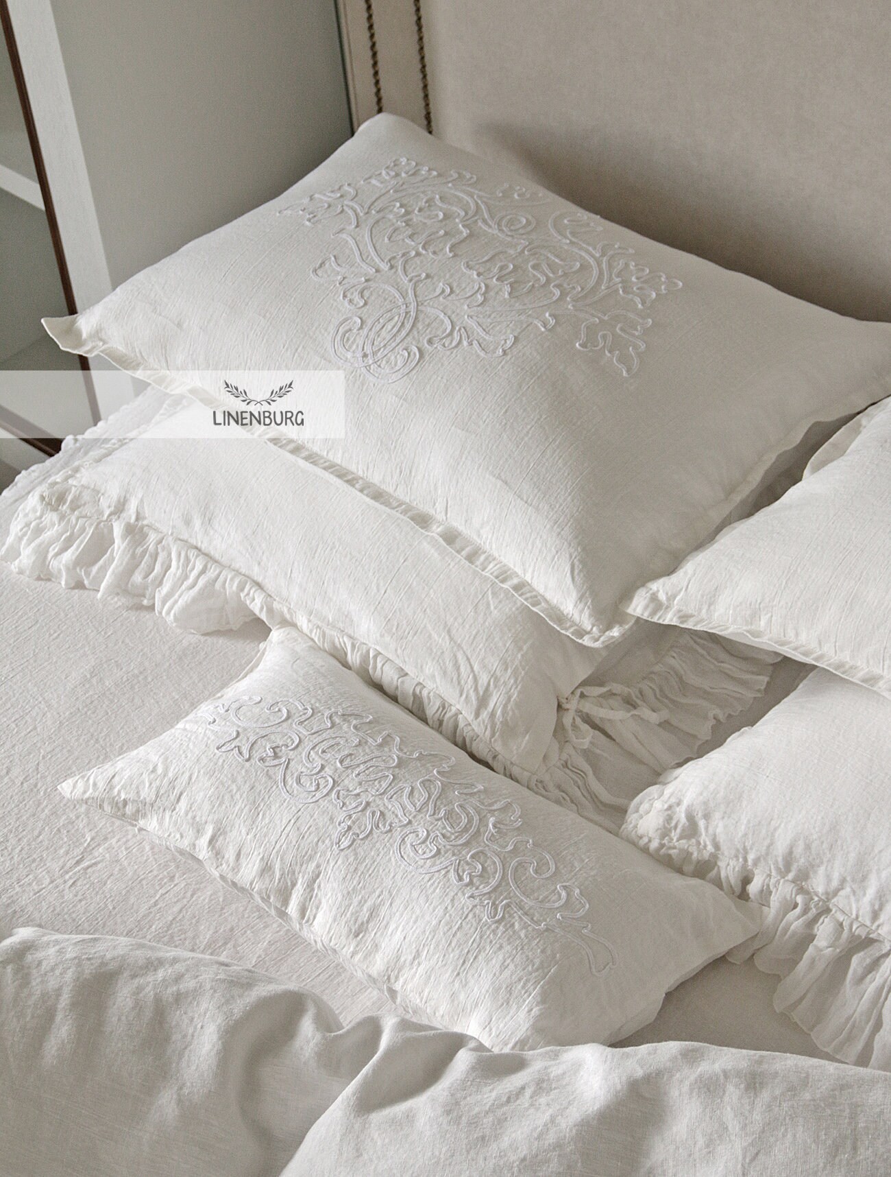 White Linen Embroidered Bedding Set Ruffled Linen Bedding Etsy