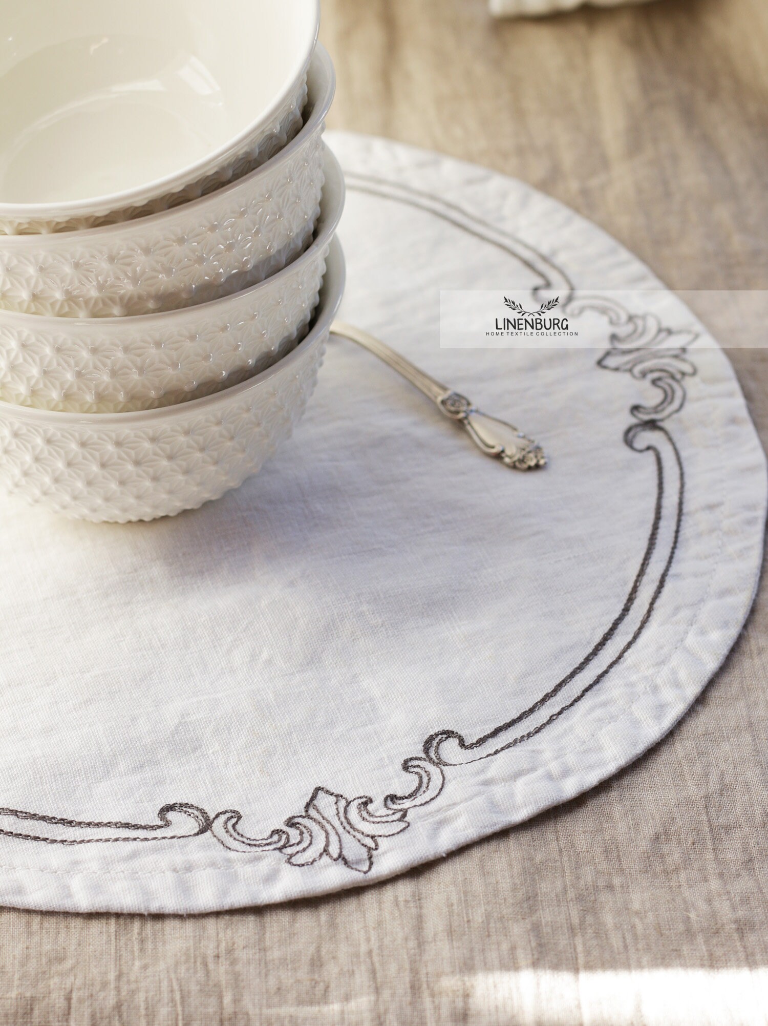 Round Linen Placemats Farmhouse Decor Cloth Embroidery Etsy