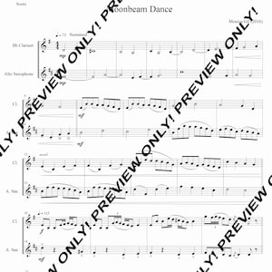 May include: Sheet music for a song called "Moonbeam Dance" by Monica Gil. The music is written for Bb Clarinet, Alto Saxophone, and Clarinet. The music is in the key of C major and is in 4/4 time. The tempo is 72 beats per minute. The music is written in a standard music notation format.