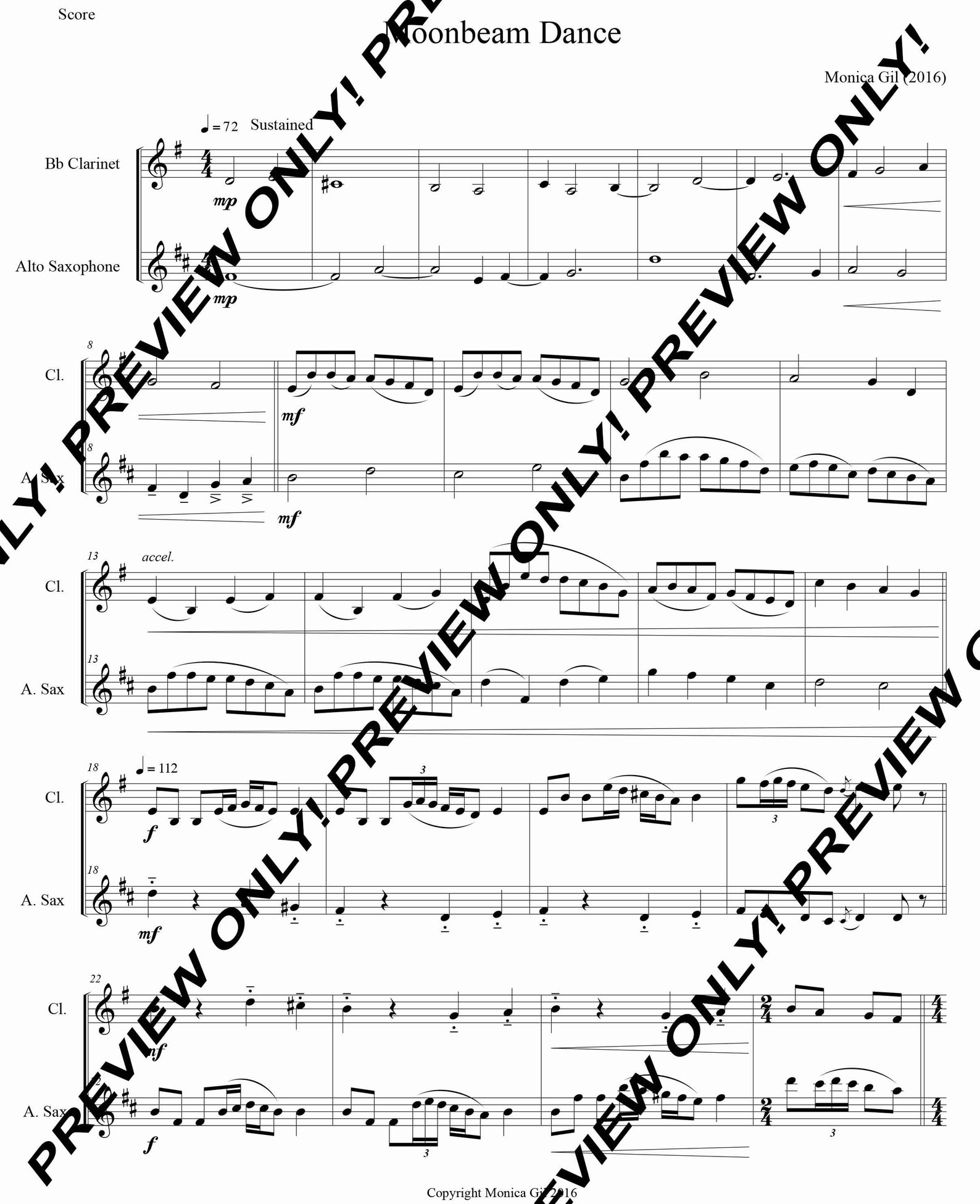 Sheet Music for moonbeam Dance Duet for Alto Saxophone and in