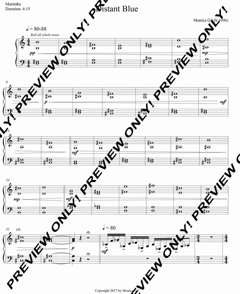 Sheet Music for distant Blue Marimba Solo Etsy