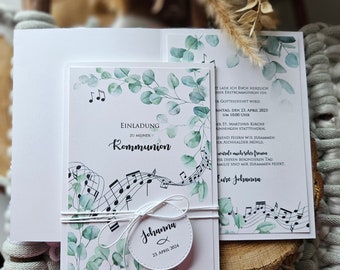 Einladungen Kommunion Taufe Konfirmation | Musiknoten | invitation 2024  | Einladungskarten | Kraftpapier | Vintage | EUKALYPTUS Greenery