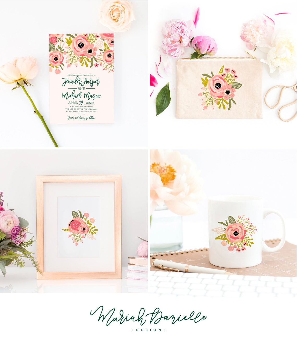 Flower Clipart Set Floral Bouquet Clipart Pink Flowers Etsy