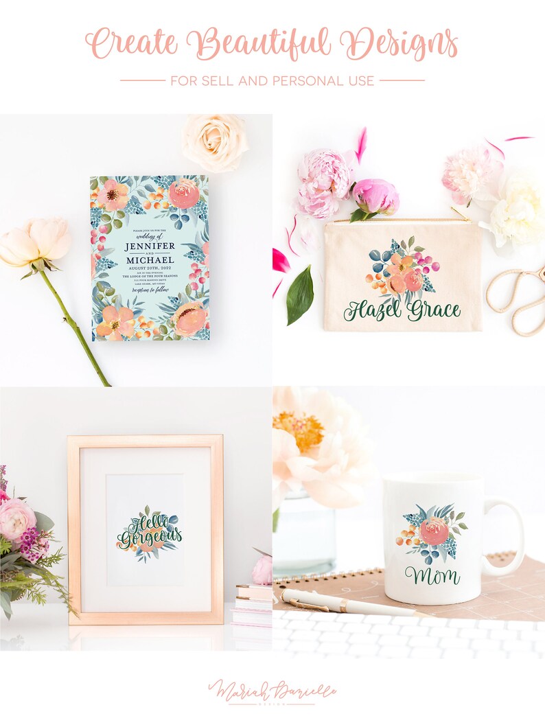 Flower Bouquets Dusty Peach Wedding Clipart Hand Painted Floral Clip Art Watercolor Floral Clipart Set Pink /& Navy Flowers Floral PNG