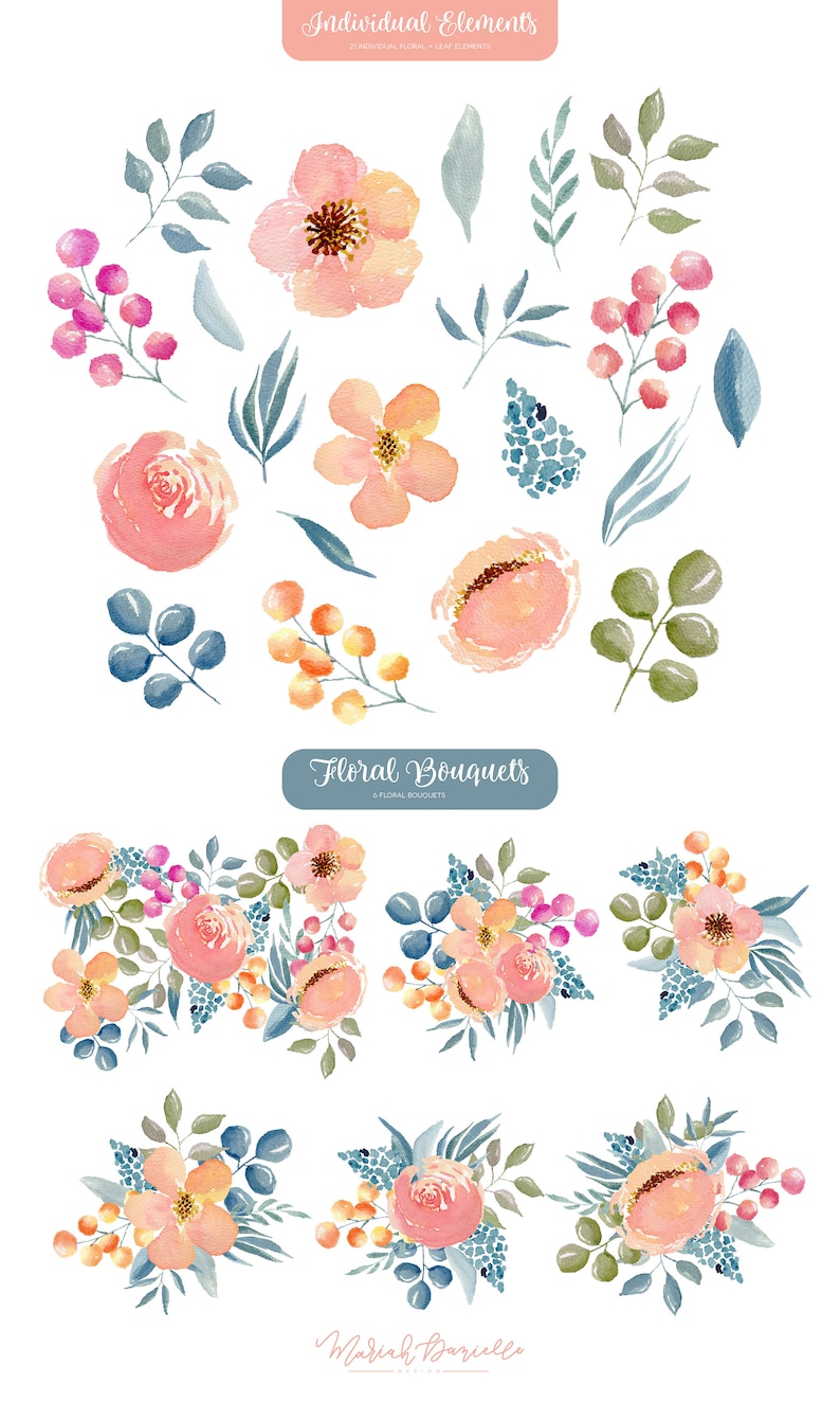 Flower Bouquets Dusty Peach Wedding Clipart Hand Painted Floral Clip Art Watercolor Floral Clipart Set Pink /& Navy Flowers Floral PNG