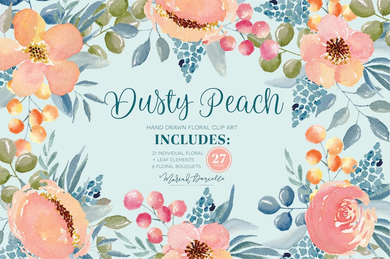 Flower Bouquets Dusty Peach Wedding Clipart Hand Painted Floral Clip Art Watercolor Floral Clipart Set Pink /& Navy Flowers Floral PNG