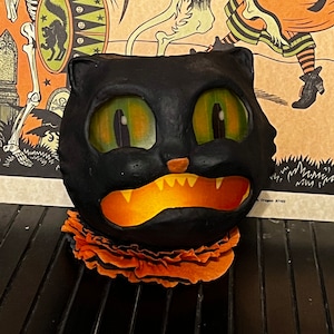 Made To Order Vintage Paper Mache Black Cat Halloween Folk Art Treat Bucket