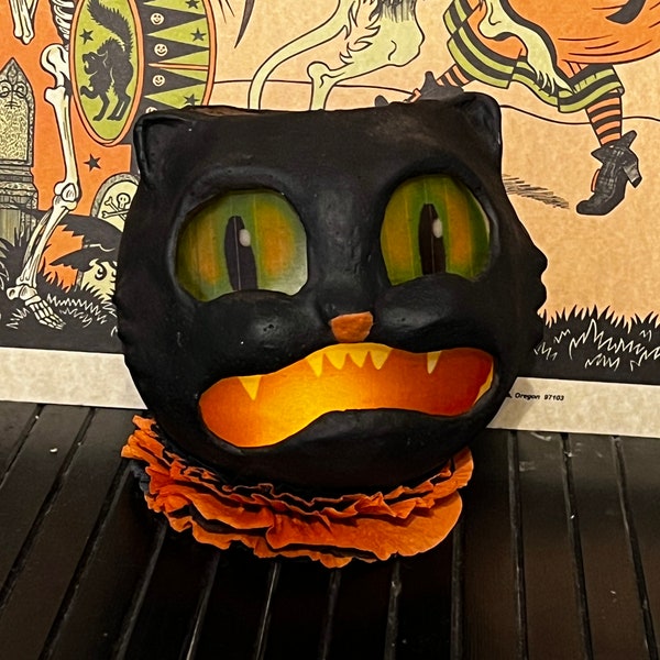 Seau à friandises d'art folklorique d'Halloween pour chat noir en papier mâché vintage fabriqué sur commande