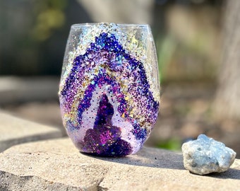 Bicchiere da vino senza stelo in geode viola