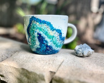 Geode Cappuccino Mug 17 oz.| Large Teal Mug | Glitter Resin Mug